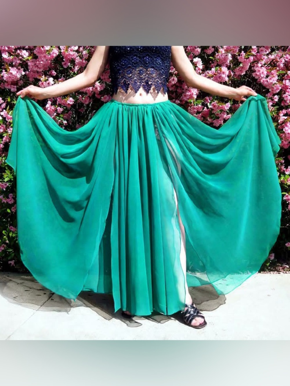 Teal Green Chiffon Skirt with 2 slits. Ameynra design. New